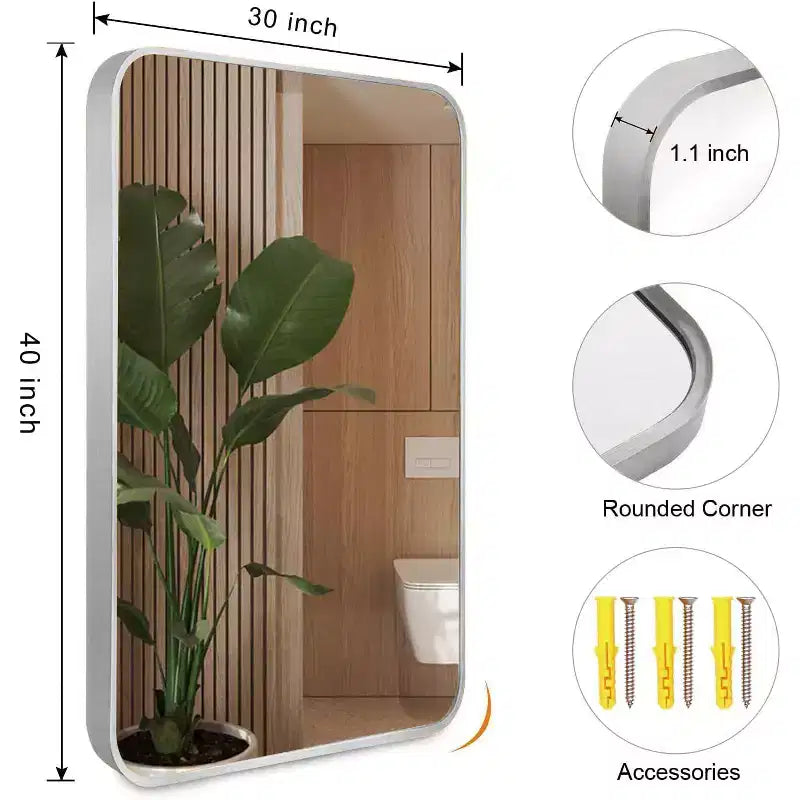 Specchio da parete rettangolare decorativo per bagno con cornice in alluminio argentato, 30 x 40 pollici