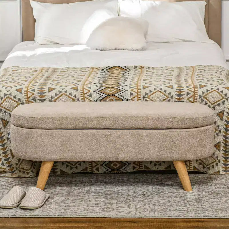 Panca Contenitore Ottomana, Panchina Imbottita da Fondo Letto da 110 cm con Gambe in Legno, Panchina Moderna da Ingresso