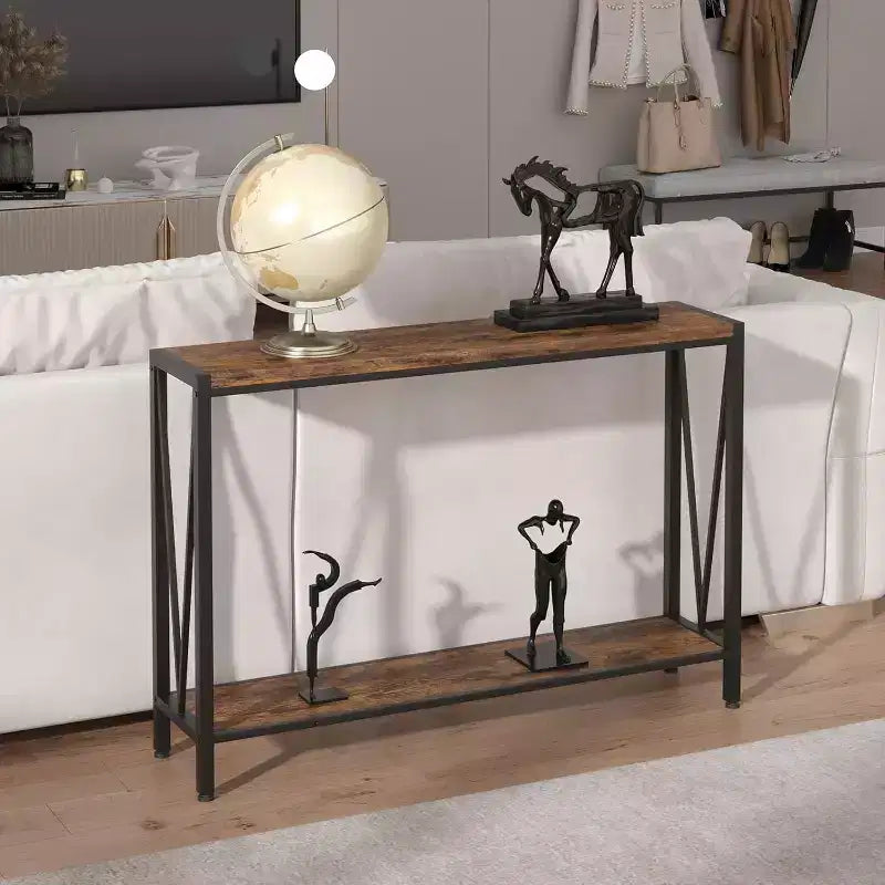 Tavolino da ingresso 42.9 con contenitore, Consolle a 2 ripiani con scaffale aperto, Mobiletto contenitore dietro il divano per ingresso, corridoio, soggiorno