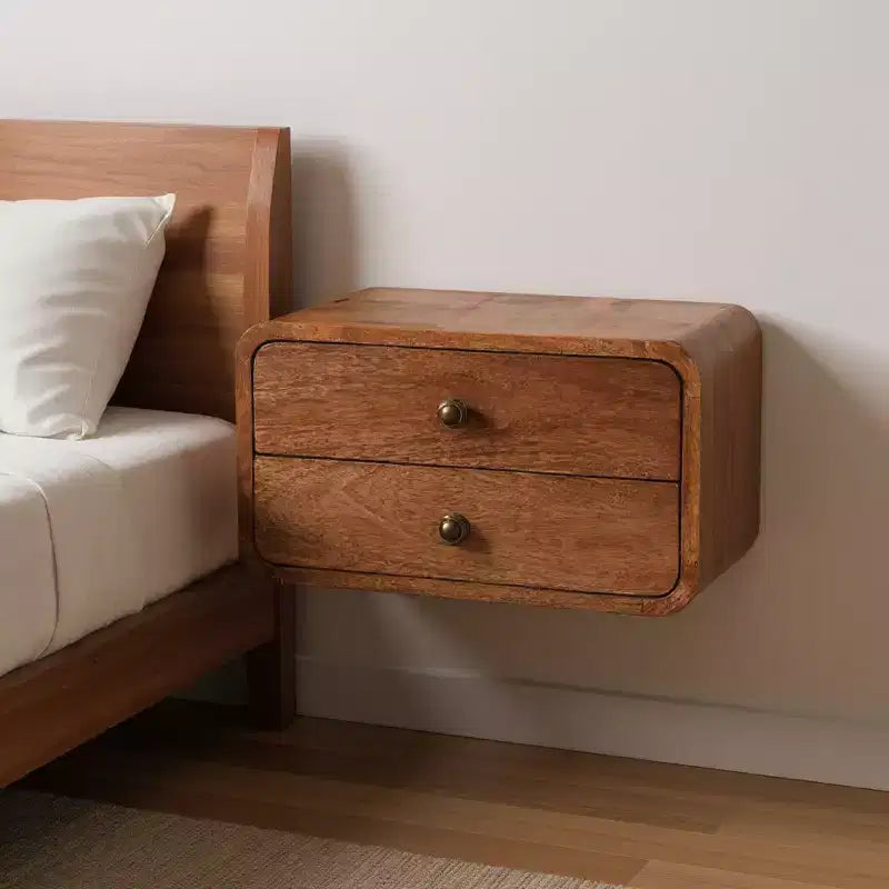 Comodino sospeso 18 in legno massello marrone con due cassetti