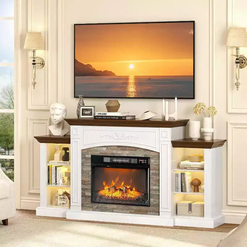 VINGLI 70'' Fireplace TV Stand for 80 inch TVs, Electric Fireplace with Mantel, Modern Entertainment Center with LED