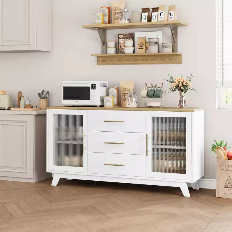 2 ante in vetro scanalato, 3 ampi cassetti, credenza, per soggiorno, sala da pranzo, legno