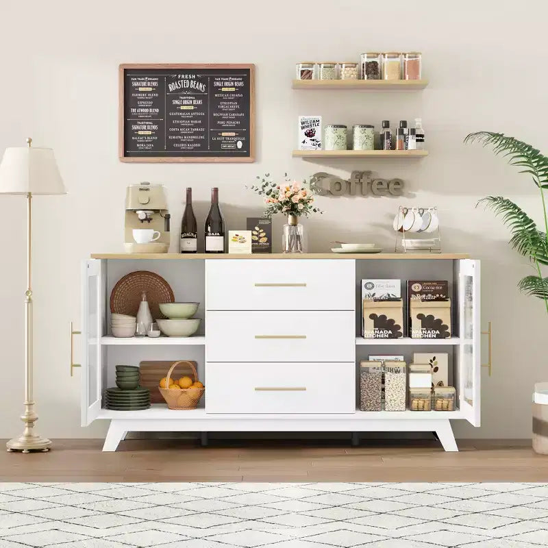 2 ante in vetro scanalato, 3 ampi cassetti, credenza, per soggiorno, sala da pranzo, legno