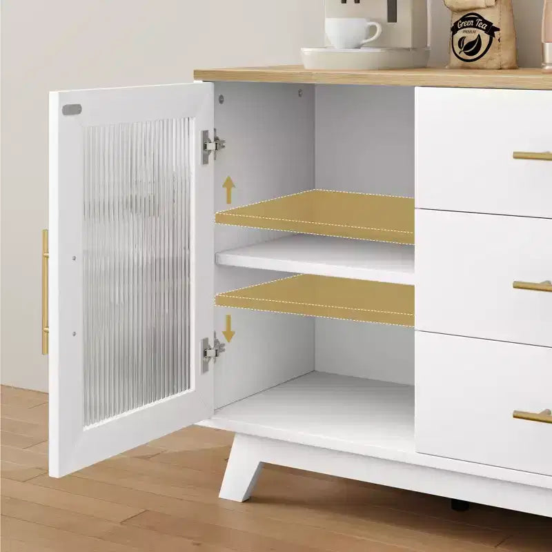 2 ante in vetro scanalato, 3 ampi cassetti, credenza, per soggiorno, sala da pranzo, legno