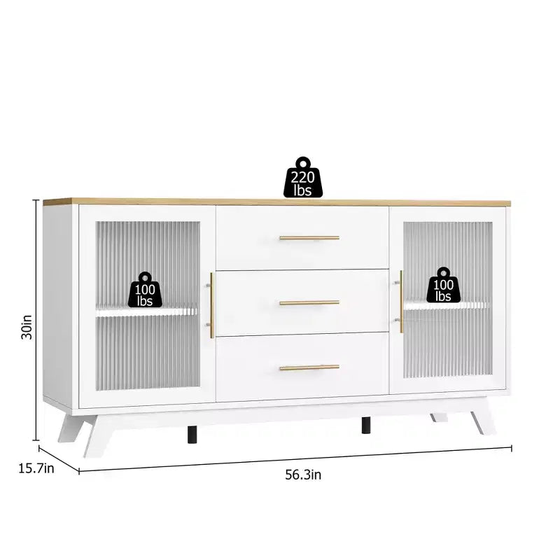 2 ante in vetro scanalato, 3 ampi cassetti, credenza, per soggiorno, sala da pranzo, legno
