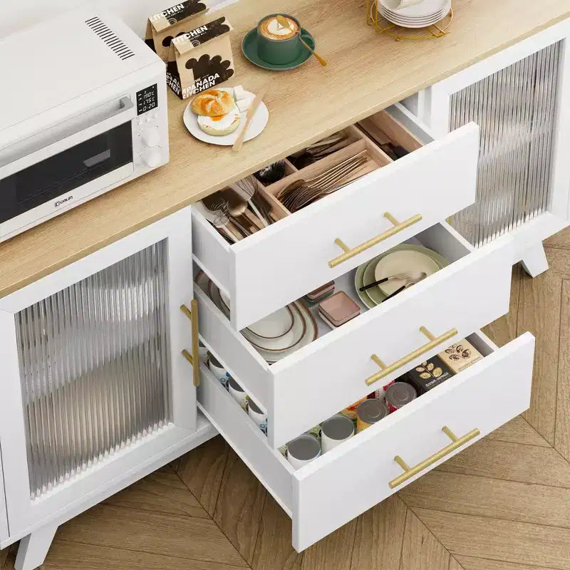 2 ante in vetro scanalato, 3 ampi cassetti, credenza, per soggiorno, sala da pranzo, legno