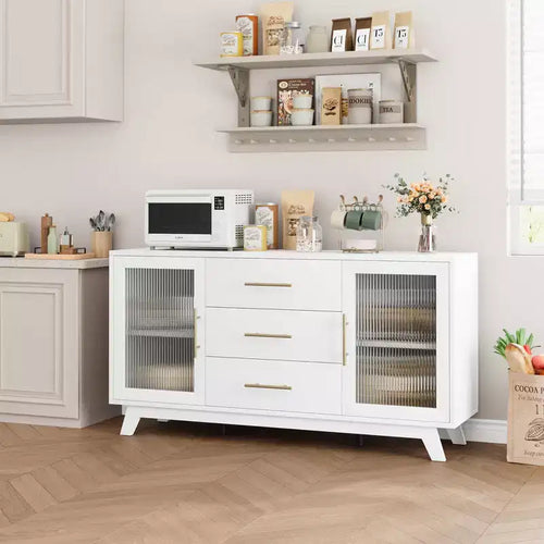 2 ante in vetro scanalato, 3 ampi cassetti, credenza, per soggiorno, sala da pranzo, legno