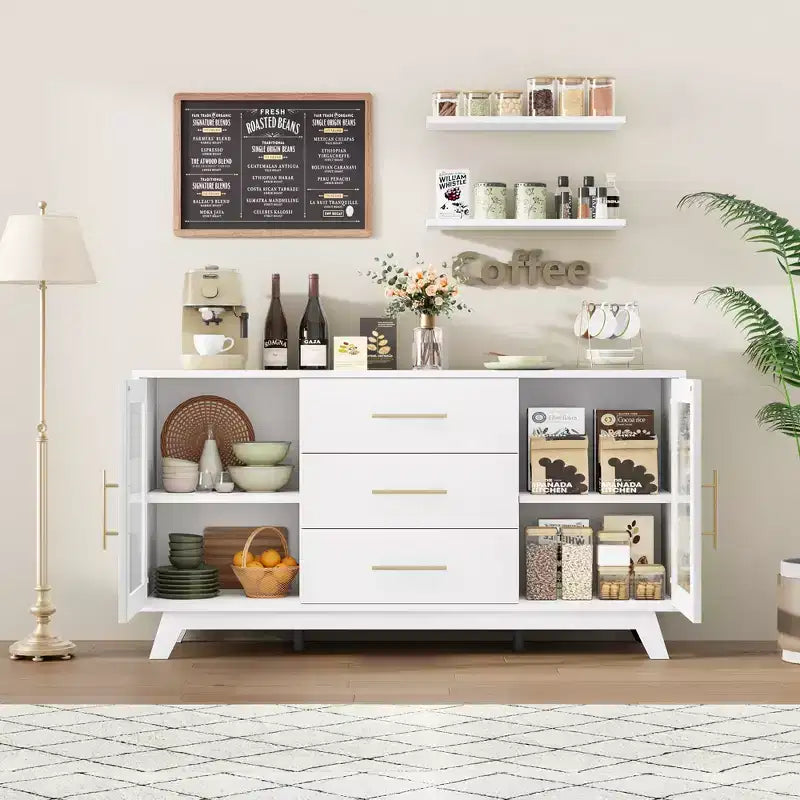 2 ante in vetro scanalato, 3 ampi cassetti, credenza, per soggiorno, sala da pranzo, legno