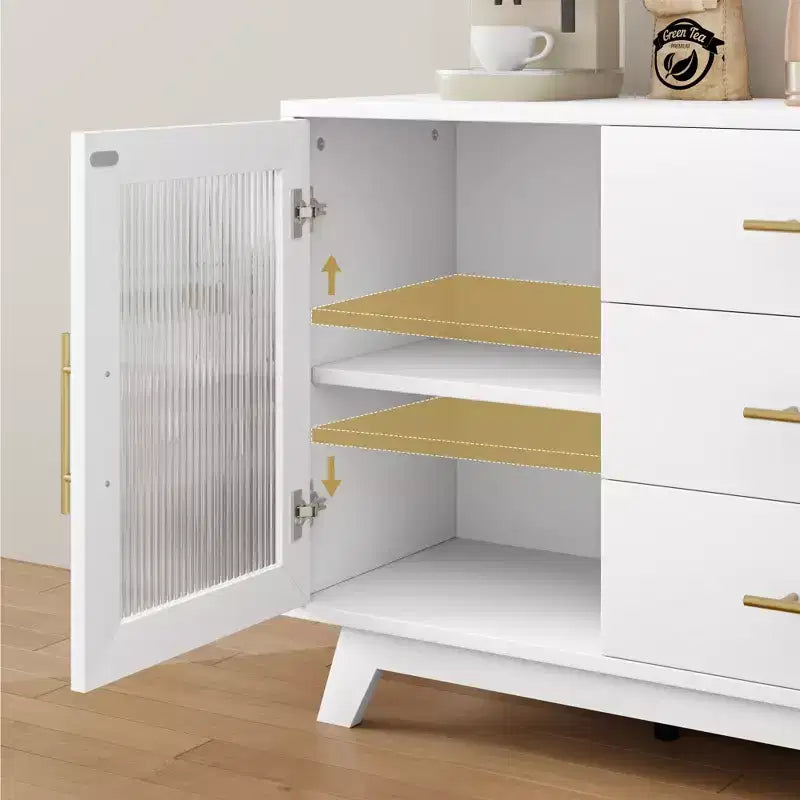 2 ante in vetro scanalato, 3 ampi cassetti, credenza, per soggiorno, sala da pranzo, legno