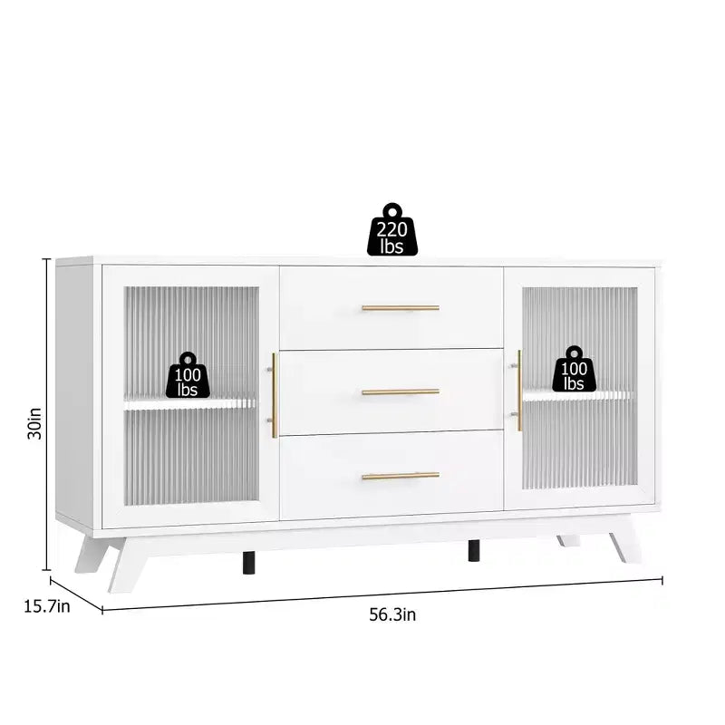 2 ante in vetro scanalato, 3 ampi cassetti, credenza, per soggiorno, sala da pranzo, legno