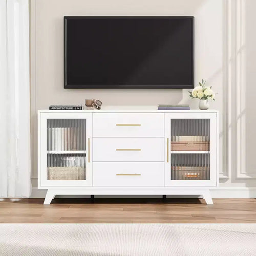 2 Fluted Glass Doors, 3 Large Drawers, Sideboard Buffet Cabinet, for Living Room, Dining RoomWood