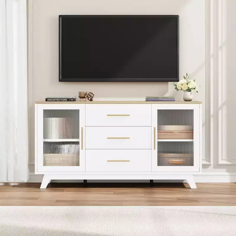 2 ante in vetro scanalato, 3 ampi cassetti, credenza, per soggiorno, sala da pranzo, legno
