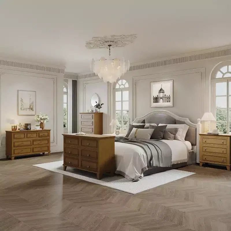 Comò alto 122 cm con 5 cassetti in legno, cassettiera moderna con spazio profondo e maniglie in metallo, mobile organizer per camera da letto, soggiorno, corridoio