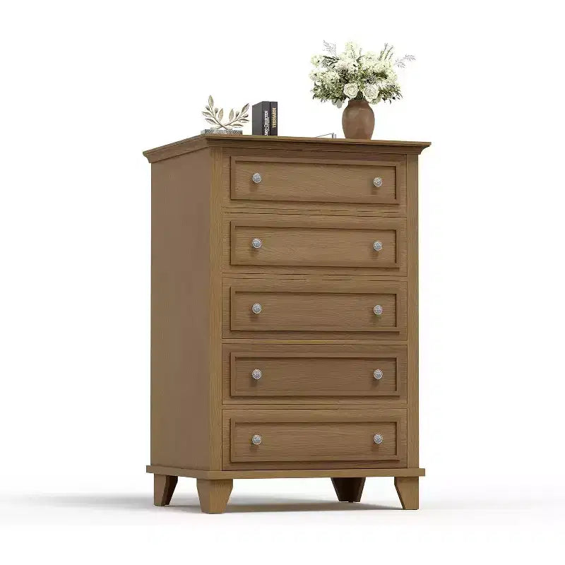 Comò alto 122 cm con 5 cassetti in legno, cassettiera moderna con spazio profondo e maniglie in metallo, mobile organizer per camera da letto, soggiorno, corridoio