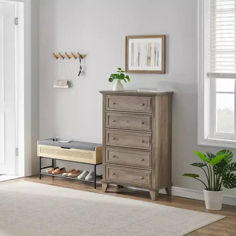 Comò alto 122 cm con 5 cassetti in legno, cassettiera moderna con spazio profondo e maniglie in metallo, mobile organizer per camera da letto, soggiorno, corridoio