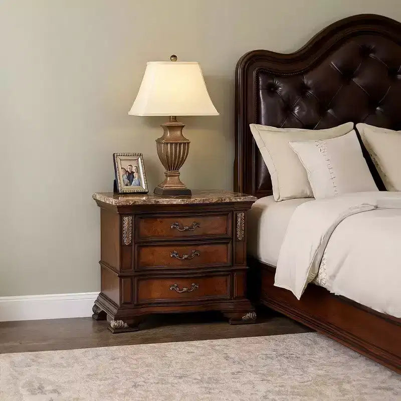 Royal Hampton Nightstand, 3 Drawers, Ornate Oak and Dark Cherry Brown, 33 Inch