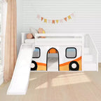 Letto a soppalco basso Twin con scalini, scivolo facile e tenda a furgoncino camper arancione