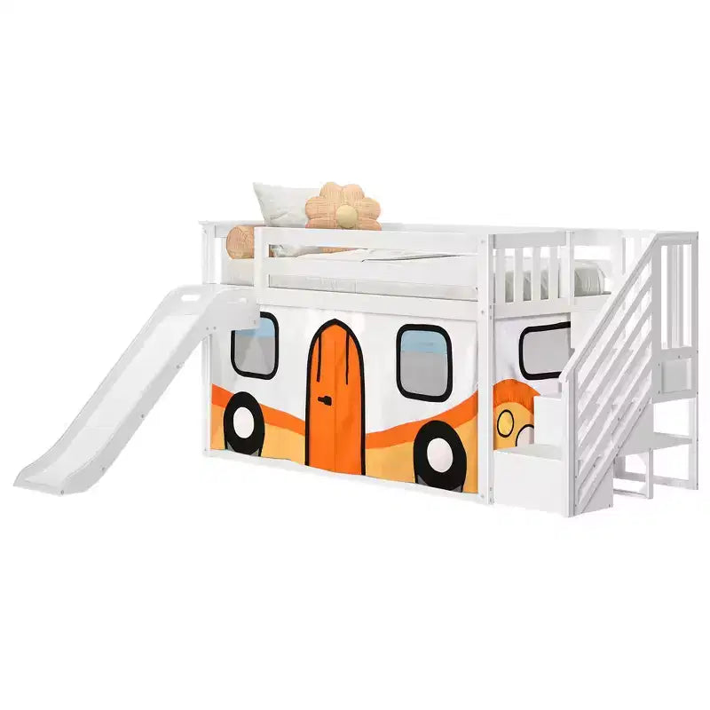 Letto a soppalco basso Twin con scalini, scivolo facile e tenda a furgoncino camper arancione