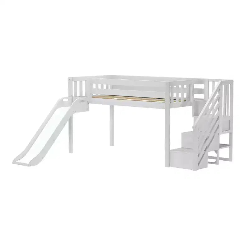 Letto a soppalco basso Twin con scalini, scivolo facile e tenda a furgoncino camper arancione