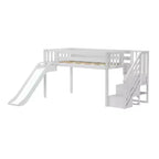 Letto a soppalco basso Twin con scalini, scivolo facile e tenda a furgoncino camper arancione
