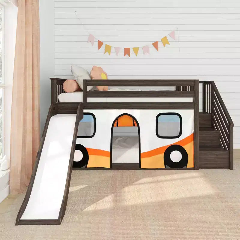 Letto a soppalco basso Twin con scalini, scivolo facile e tenda a furgoncino camper arancione