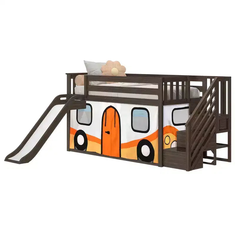 Letto a soppalco basso Twin con scalini, scivolo facile e tenda a furgoncino camper arancione