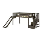 Letto a soppalco basso Twin con scalini, scivolo facile e tenda a furgoncino camper arancione