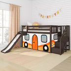 Letto a soppalco basso Twin con scalini, scivolo facile e tenda a furgoncino camper arancione
