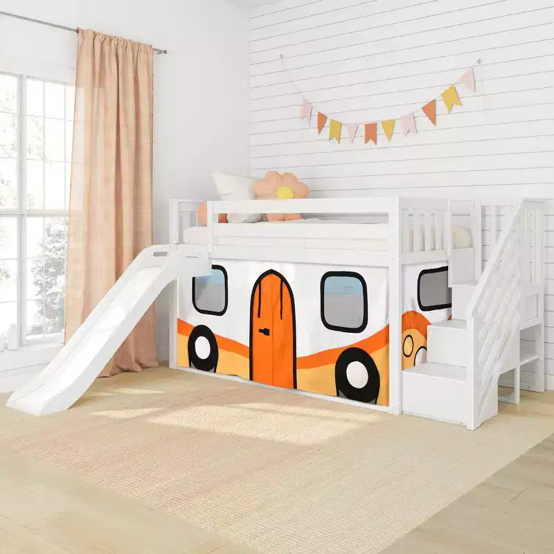 Twin Low Loft With Stairs, Easy Slide & Orange Camper Van Curtain