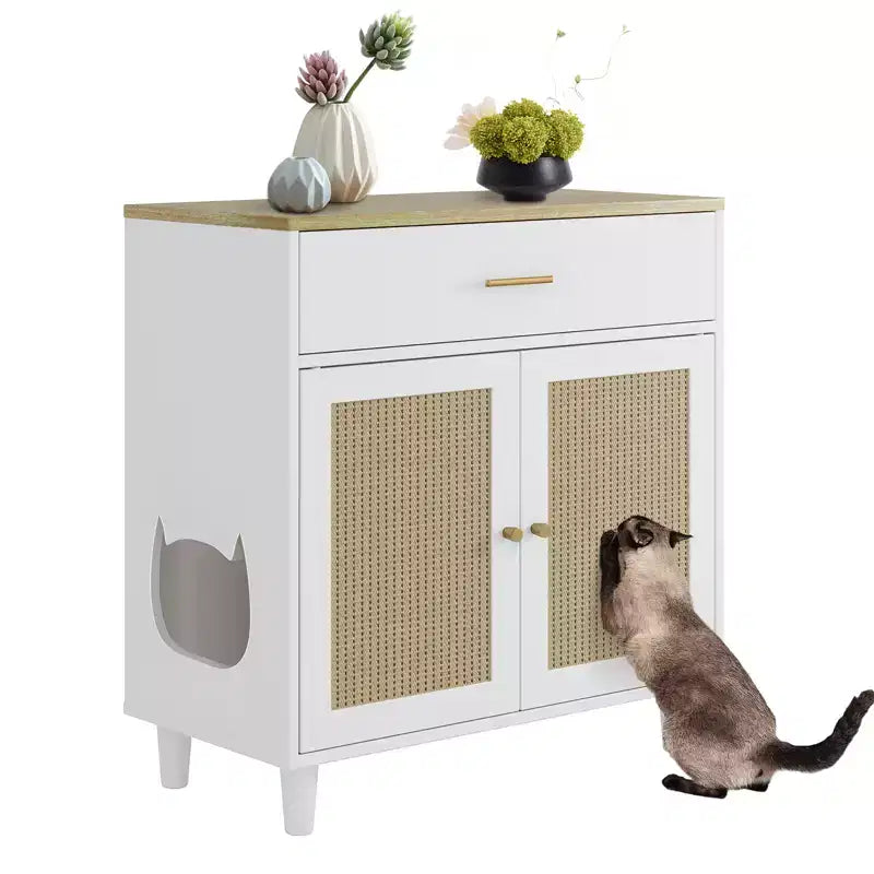 Elegant Rattan Weaving, Particle Board Construction,Rattan Cat Cabinet Spacious Interior, and Stylish Design