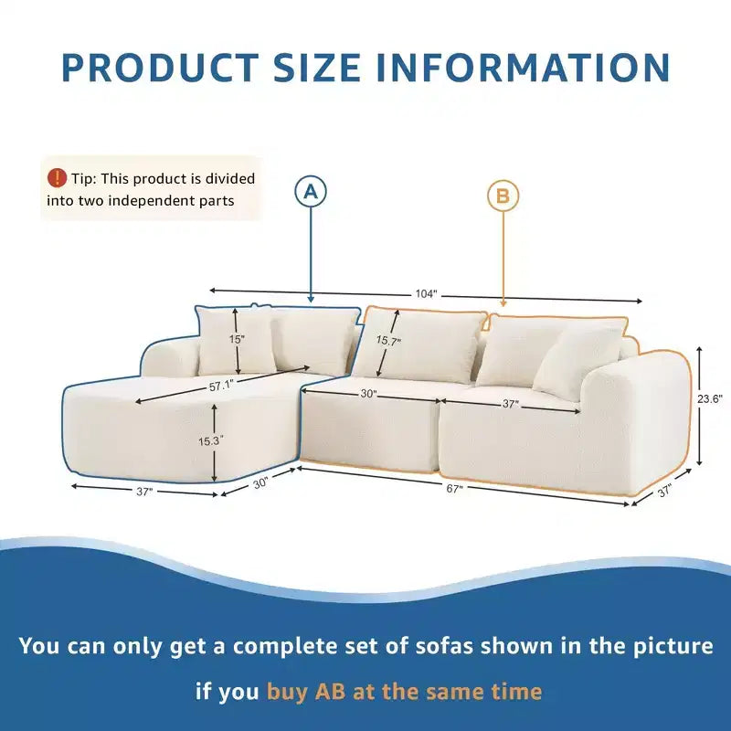 Divano componibile di grandi dimensioni a L da 104 pollici con chaise longue, moderno divano "Cloud" imbottito con cuscini decorativi per soggiorno camera da letto beige