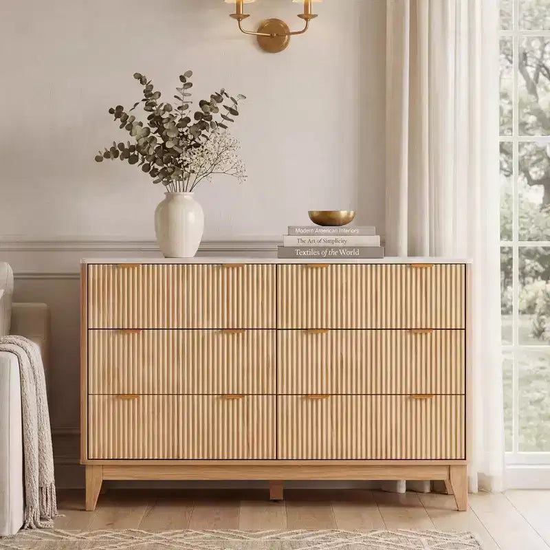 Fluted 6 Drawers Dresser, Modern Chest of Drawers with Faux Marble Top,Dresser TV Stand, Wood Drawer Organizer for Bedroom, Living Room