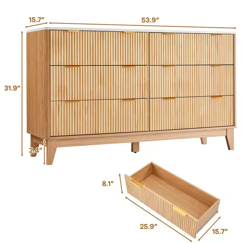 Comò a 6 cassetti scanalati, cassettiera moderna con piano effetto marmo, mobile TV, organizer in legno per camera da letto e soggiorno