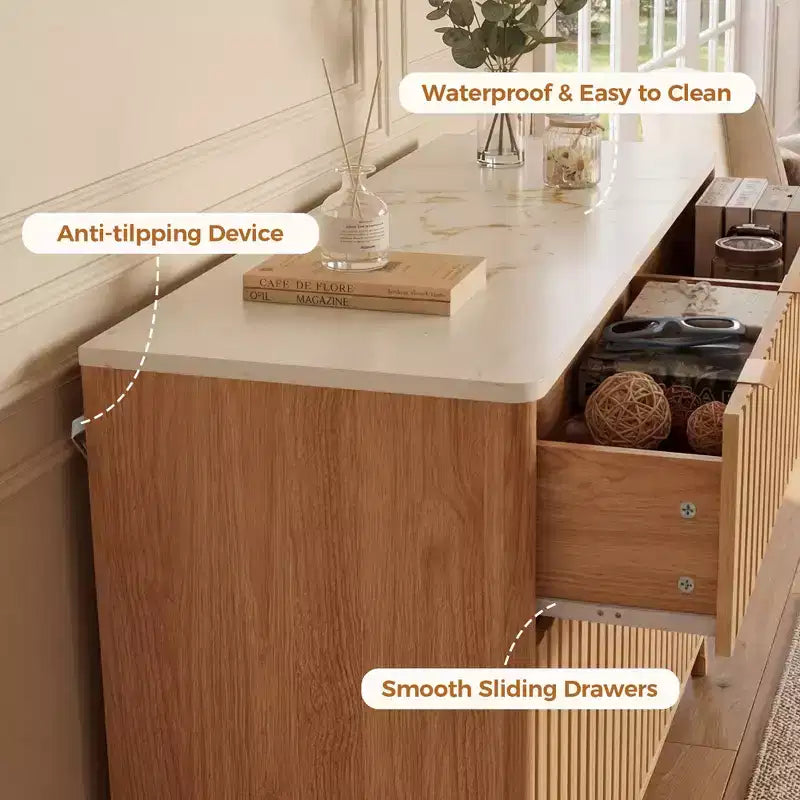 Comò a 6 cassetti scanalati, cassettiera moderna con piano effetto marmo, mobile TV, organizer in legno per camera da letto e soggiorno