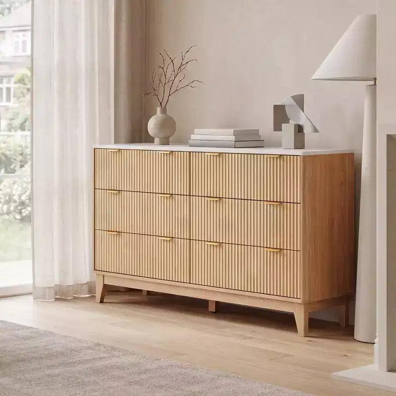 Comò a 6 cassetti scanalati, cassettiera moderna con piano effetto marmo, mobile TV, organizer in legno per camera da letto e soggiorno