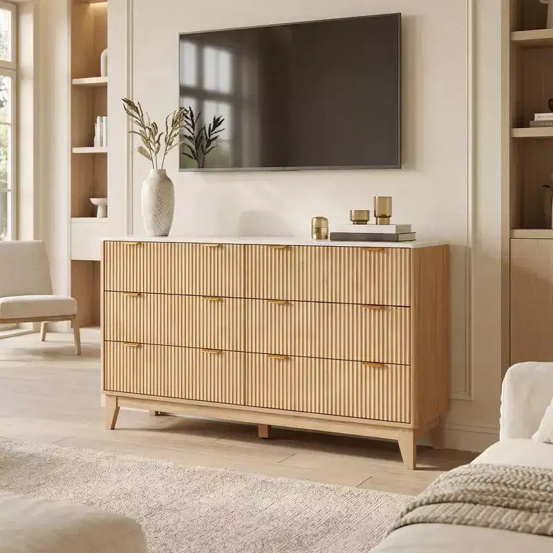 Comò a 6 cassetti scanalati, cassettiera moderna con piano effetto marmo, mobile TV, organizer in legno per camera da letto e soggiorno