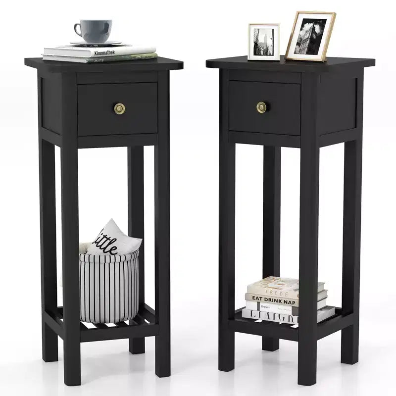 Costway 2PCS Solid Wood Side Table Telephone Table with Drawer & Open Shelf for Living Room